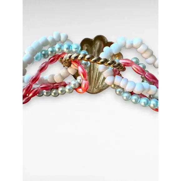Vintage Multi Strand Seed Bead Torsade Necklace Gold Tone Scallop Clasp 15 Inch - Picture 6 of 8